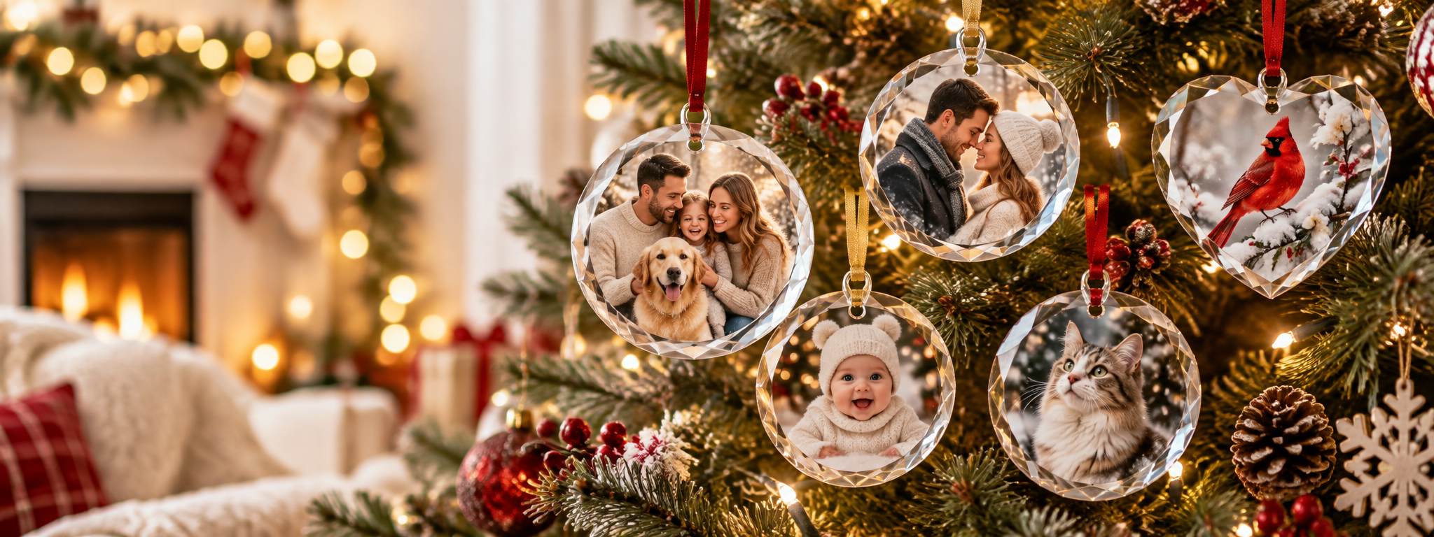 Personalized glass photo ornaments displayed on a Christmas tree in a warm family home