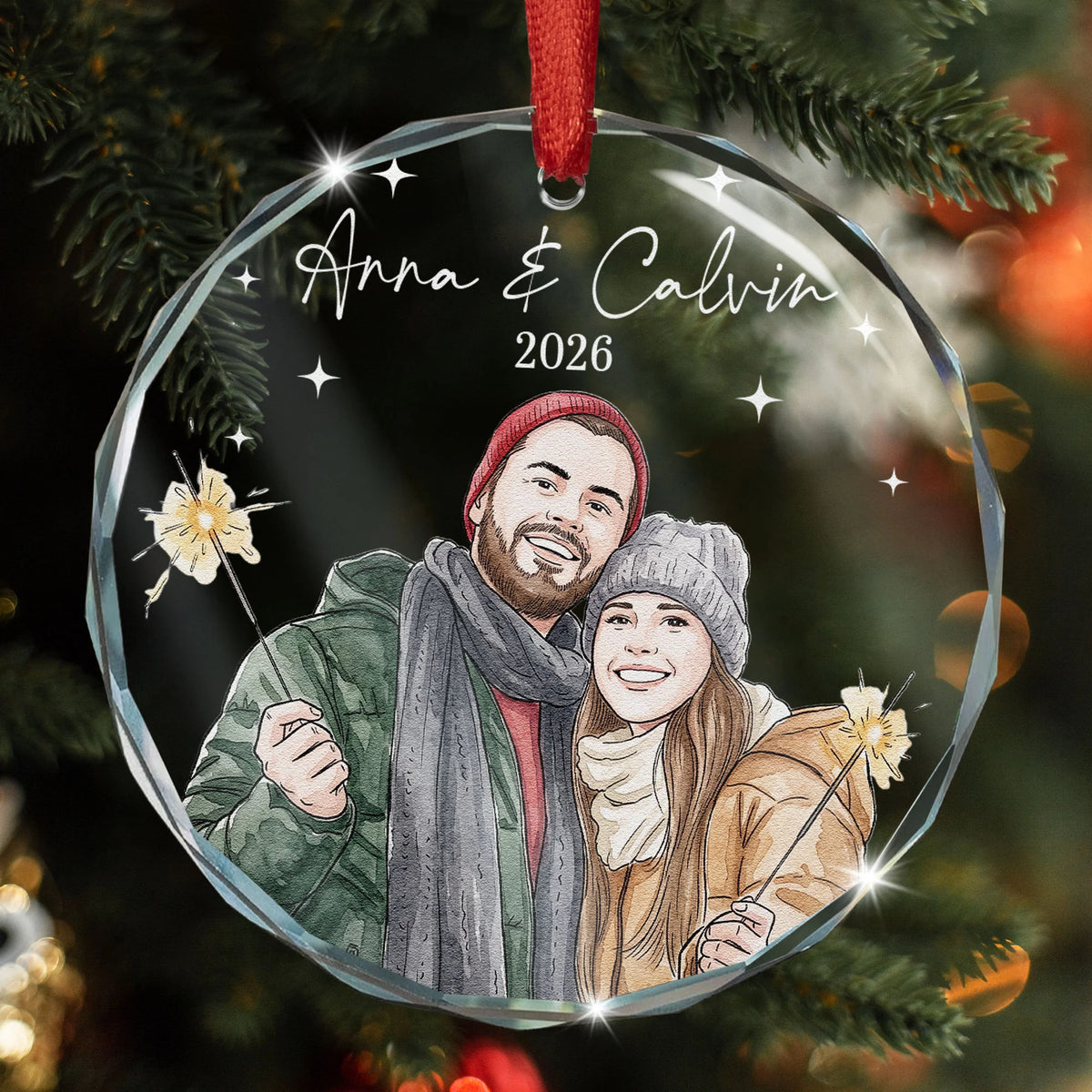 Custom Couple Photo Watercolor Our First Christmas - Personalized Ornament