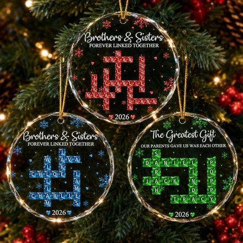 Brothers & Sisters Forever Linked Together - Custom Scrabble Crosswords Family Names - Personalized Ornament
