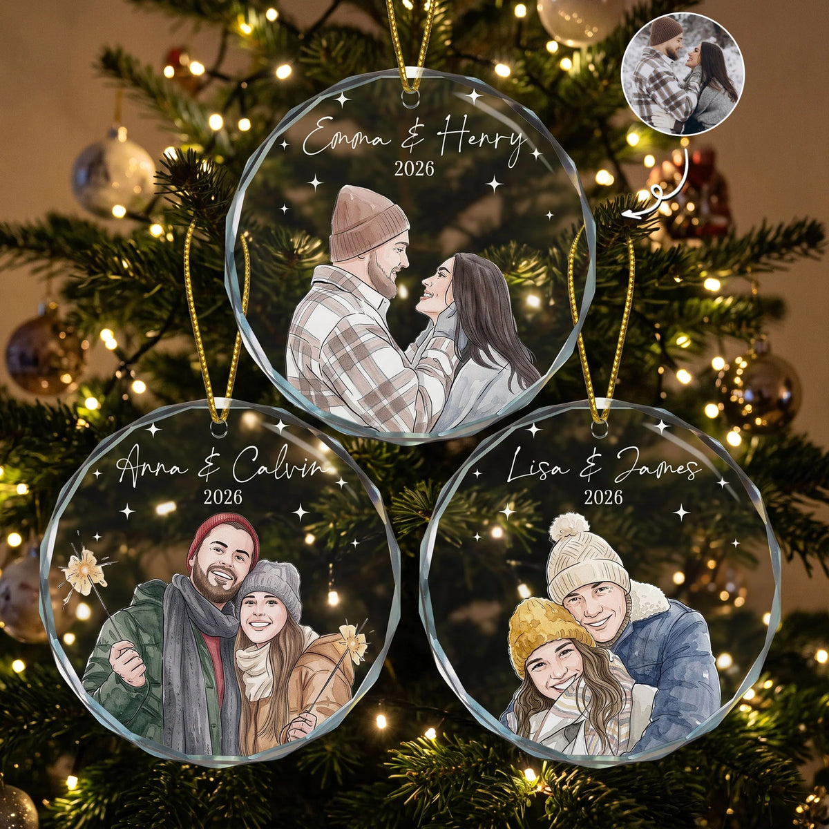 Custom Couple Photo Watercolor Our First Christmas - Personalized Ornament